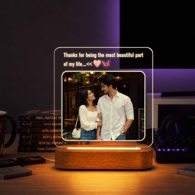 Personalized Couple Acrylic LED Lamp with Wooden Base Gift for Birthday, Anniversary, Valentines Day, Husband Wife Memorable Gift for Couples  Long Distance Couple Gift